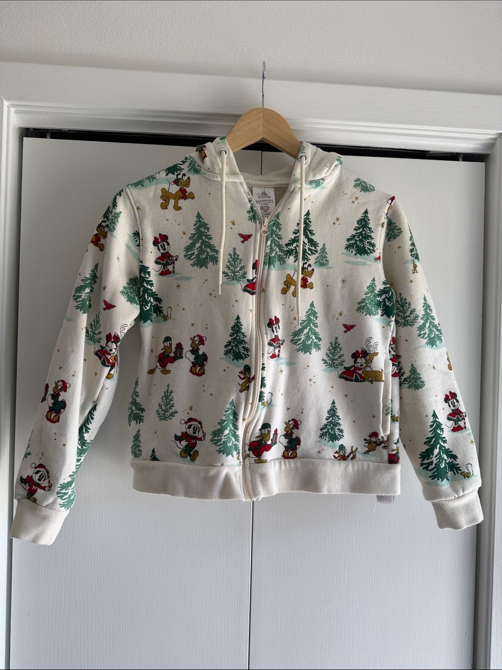 Disney Cream Holiday Mickey & Friends Zip Hoodie with Green Trees